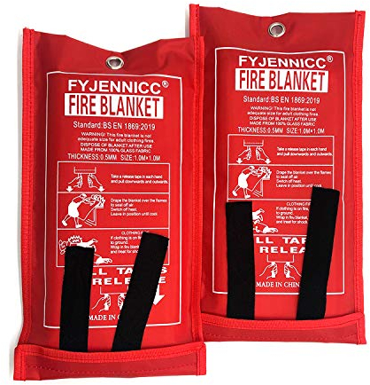 FYJENNICC Fiberglass Fire Blanket with Flame-retardant cotton tapes, 39.3×39.3 Inches, 2Pack