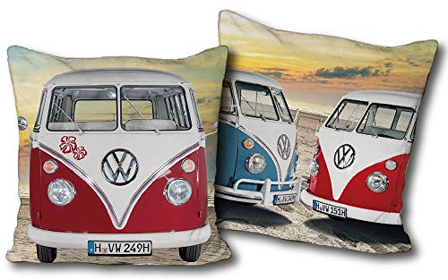 VW Volkswagen Bulli T1 Kuschel-Kissen, Rot-Blau 40 cm x 40 cm Bus Campervan - Deko Zierkissen für Auto und Reise - Retro Polster zur Bettwäsche