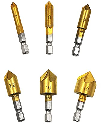 Dtaeye Fraise a Chanfreiner Metal 6 Pièces Fraise pour Metal Foret Fraise 5 Flûte Fraises à Chanfreiner Trou Fraise Bois Fraise à Noyer Fraise Conique Foret à Bois Queue Hexagonale Pour Bois