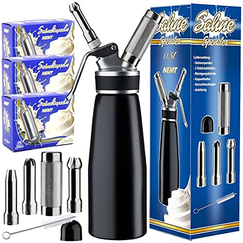 NEMT Sahnespender 0,5 L Sahnesiphon schwarz + 30 Sahnekapseln 500 ML