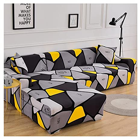 AMDXD Sofabezug 2 Sitzer, Geometrisch Muster Sofa Stretchhusse Möbelschutz mit Elastischem für Wohnzimmer, in Polyester, Anti-Rutsch, Elastischer, Gelb Grau Schwarz, Stil 7