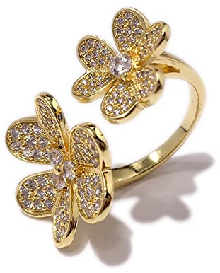 Double Clover Rings for women Luxury 18K Gold Plated AAA cubic Zirconia Adjustable Ring (Gold) (Z300)