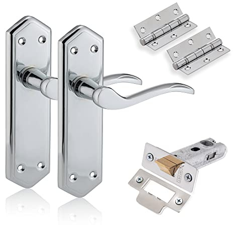XFORT Chrome Elegance Range Polished Chrome London Suite Lever Latch Door Pack, Complete Set with Door Handles, 65mm Tubular Latch and 75mm Ball Bearing Hinges, for Internal Wooden Doors.