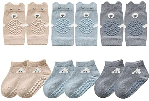 FedMois Baby Kleinkinder ABS rutschfeste Socken + Knieschoner für Krabbelbabys Baumwolle 6er Pack, Grau, Blau und Beige, 0-9 Monate