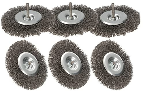 KOTARBAU® 6 x Cepillos de disco de alambre 120 mm, Cepillo para metales y piedra para limpiar y eliminar el óxido, pintura, Cepillo metálico para taladro, Cerdas onduladas, Vástago redondo 6mm, 6 ud