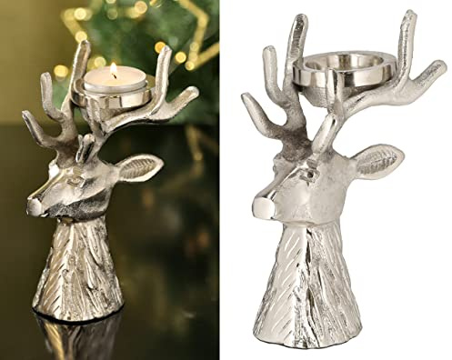 Teelichthalter Hirsch aus Aluminium Silber, H: 17 cm - Weihnachten Deko, Adventsdeko, Kerzenhalter Hirschkopf, Advent