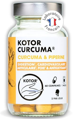 KOTOR Curcuma | Puissant Anti Oxydant, Douleurs Articulaires, Digestion Difficile | 786mg | Curcuma Bio Haute Absorption | Curcumine + Pipérine | 60 Comprimés | 1 Mois