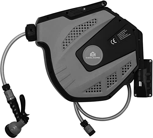 CoolHome Hose Reel 15 m + 1.5 m - Wall Hose Box with Automatic Reel - 180° Rotatable - Black - Grey