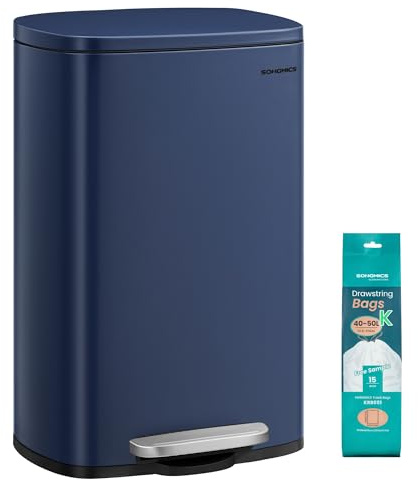 SONGMICS Pattumiera da 13 galloni, bidone della spazzatura da cucina in acciaio inossidabile, cestino per riciclaggio o rifiuti, chiusura ammortizzata, pedale step-on, secchio interno rimovibile, blu