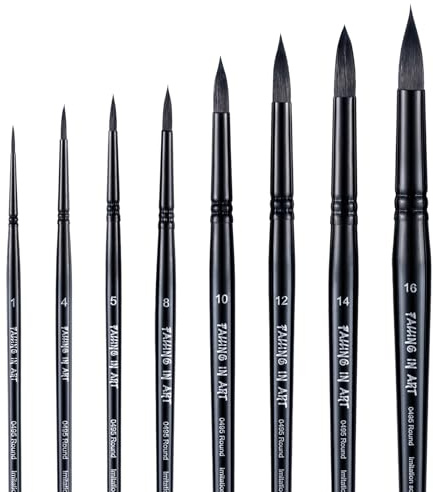 Falling in Art Professional Paint Brush Set, Round Pointed Paintbrush Set, Wooden Handle Squirrel Hair Artist Brushes for Watercolor Painting(Black Handle) 8 Pcs