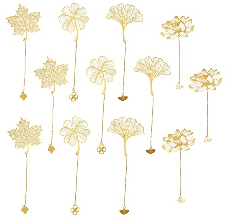 12 segnalibri in metallo a forma di foglia, oro, per libri Foglia d'acero, ginkgo biloba, trifoglio, loto Segnalibri vintage con ciondoli per lettori, insegnanti, studenti