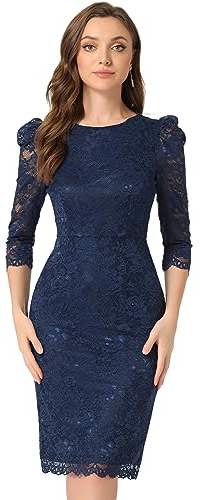 Allegra K Damen Etuikleid Cocktailkleid Business Elegant Spitze Blumenmuster Rundhals 3/4 Ärmel Figurbetont Hochzeitsgast Kleid Dunkelblau S