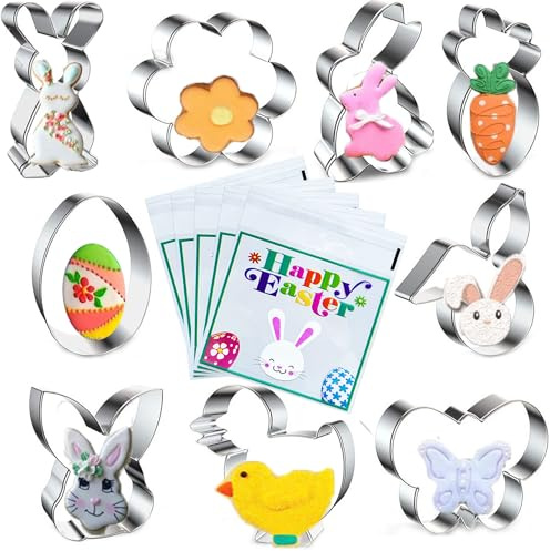 9 Stück Ausstechformen Ostern mit 100 Ostern Süßigkeiten Tüten Kekstüten, Edelstahl Ausstecher Ostern, Keksausstecher Ostern, für Ausstechen von Keks, Fondant, Kuchen