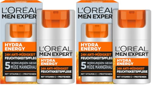 L'Oréal Men Expert Gesichtspflege gegen müde Haut für Männer, Belebende Feuchtigkeitscreme 24H Anti-Müdigkeit, Gesichtscreme für Herren mit Vitamin C und Proteinen, Hydra Energy, 1 x 50 ml