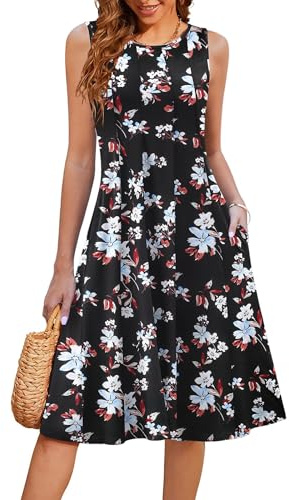 Hotouch sommarklänning dam elegant jerseyklänning ärmlös strandklänning veckad midiklänning med fickor lätt tank klänning, Mönster 104, S