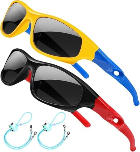 Rocf Rossini Pack of 2 Flexible Kids Sunglasses Boys Polarized Sports Sun Glasses Girls Cycling Shades with Straps UV400 Protection Eyewear for Age 3-10