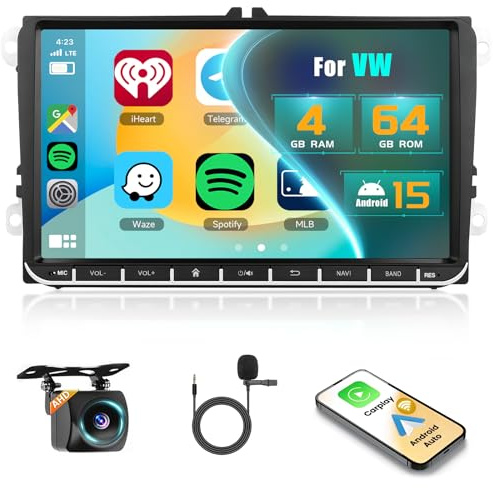 4+64G Inefala Android 15 bilradio för VW Passat Golf Polo Caddy Tiguan med trådlös Carplay Android Auto, 9 tum bilskärm med GPS WiFi FM/RDS EQ SWC Backkamera Mic