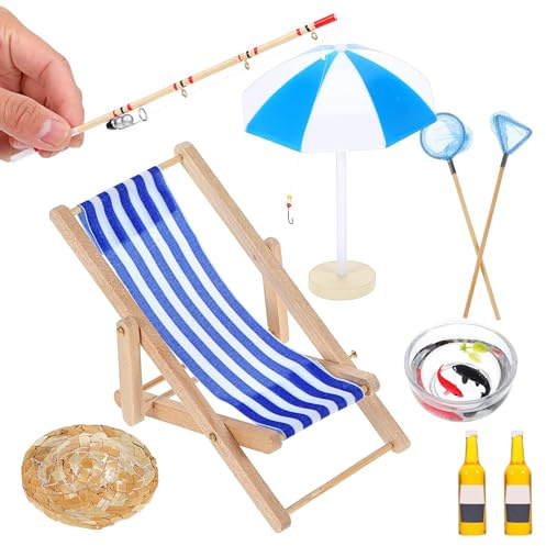 Yuanchu Mini Deko Stranddekorationen, 9 St Fishing Dekoration Miniature Zubehör Strand Deko Miniatur Set Mikrolandschaft Zen Garten Landschaftsbau Puppenhaus Geschenk Miniatur Angeln DIY Accessories