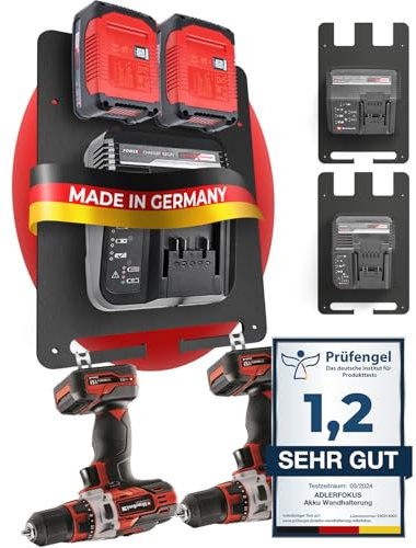 Adlerfokus Wandhalterung für Einhell Akkus & Ladegeräte [Made in Germany] Einhell Akkuhalter Wandhalterung mit Premium Montagematerial - Einhell Akku Wandhalterung 18V - Einhell Akku Halterung Wand