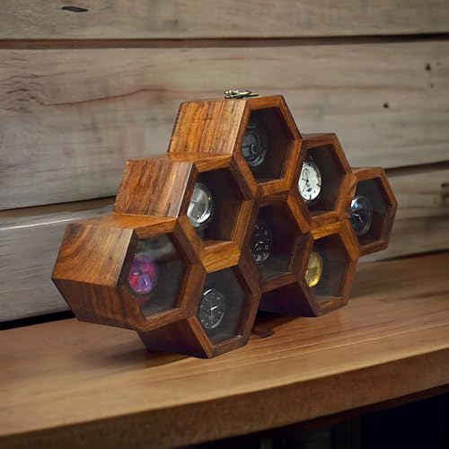 Royal Craft Expertise Caja de lujo para relojes con diseño de panal de abeja con 8 ranuras para hombre: vitrina de palisandro oscuro con tapa de cristal