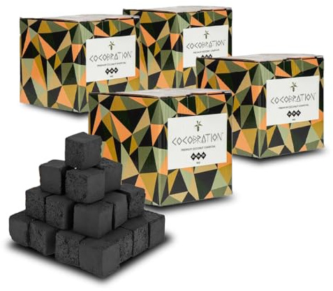 Cocobration Carbone Naturale in Gusci di Cocco 4x1KG – Carbone Premium per Narghilè e Barbecue – Cubi 26mm – Senza Aroma – Lunga Durata e Fumo Denso