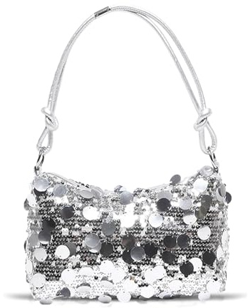 AndThere Pailletten-Clutch, glitzernde Abend-Handtasche, Damen-Clutches, kleine Umhängetasche, Y2K, Handtaschen mit Reißverschluss, Achseltasche, Clutch, Geldbörse für Hochzeit, Party, Reisen, silber