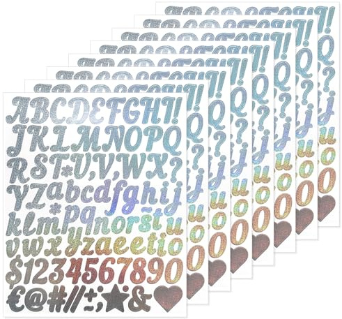 BUOKSLLY 8 Blatt Klebebuchstaben SetBuchstaben Aufkleber, Sticker Glitzer | Glitzer Sticker, 1in Selbstklebend Wasserdichte Vinyl Buchstaben Sticker für Scrapbooking, DIY, Party Deko (Silber)