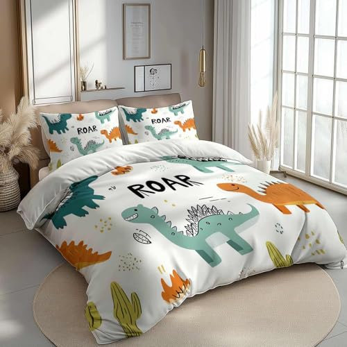 Bettwäsche Set Cartoon Dinosaurier Lebhaft Grün Orange,Mit 2 Kissenbezügen 80X80 cm, Mikrofaser Bettbezug 3Er Set Mit Reißverschluss, Bügelfrei Und Weich Cool 220 cm X 240 cm