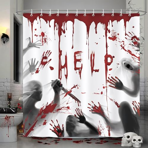 Bonhause Duschvorhang Horror Halloween Helfen Sie mir mit Blutigen Händen Duschvorhänge 180 x 180 cm Anti-Schimmel Wasserdicht Polyester Stoff Waschbar Bad Vorhäng für Badzimmer mit 12 Haken