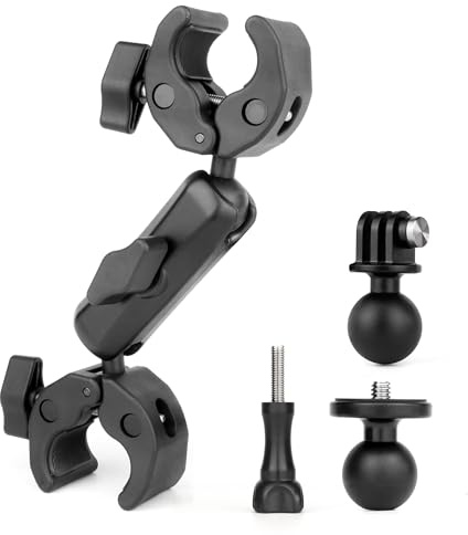 SOONSUN Double Clamp with 2-Pack 1'' Ball Adapter, Umbrella Clamp for Chair, Desk, Tripod, Stroller, Camera Mount for Insta360, GoPro, Osmo Action, DSLR, Compatible with RAM Mount B Size Socket Arm