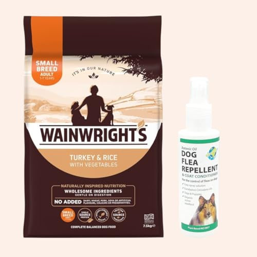 New Wainwright's Small Breed Adult Dry Dog Food Turkey with Rice Quality, wholesome ingredients 2Kg plus Dog Flea Repellent 150ml