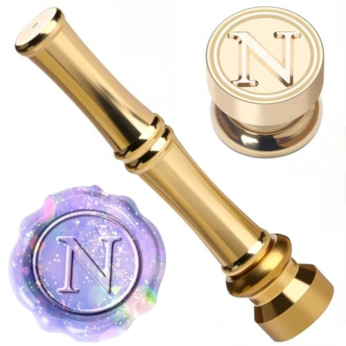 CRASPIRE Stämpel N sigill brev tätning vax stämpel 15 mm guld metall mässing retro vintage alfabet initial mini vax tätningar med bambupinne format handtag för halloween inbjudningar kort