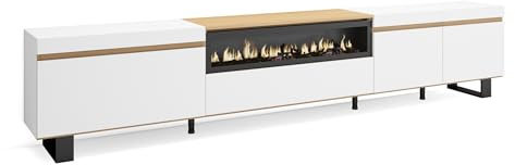Skraut Home | Meuble TV | Banc Télé | Grand Espace de Rangement | 288x57x35 cm | TV Grand Format | Cheminée électrique | Design Industriel | Style Moderne | Blanc et Chêne Soft