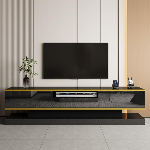 Merax TV-Schrank 180 cm mit LED Beleuchtung, Hochglanz Fernsehschrank mit 3 Schubladen & offenem Fach, Lowboard mit Farbwechsel Licht, TV Board für Wohnzimmer 180x38x45cm - Schwarz