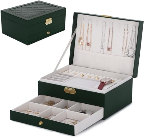 EVEOUT 2-Schicht Schmuckkasten aus Kunstleder Aufbewahrungsbox für Ohrringe, Ringe, Halsketten Vintage Schmuckdose mit Schubladen & Uhrenkissen