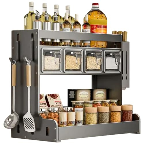 GYJZZW Mensola da Cucina per Condimenti, Portaspezie a Parete con Ganci e Supporto per Utensili, Organizzatore per Barattoli di Zucchero, Sale, Pepe, Olio (4 Scatole)