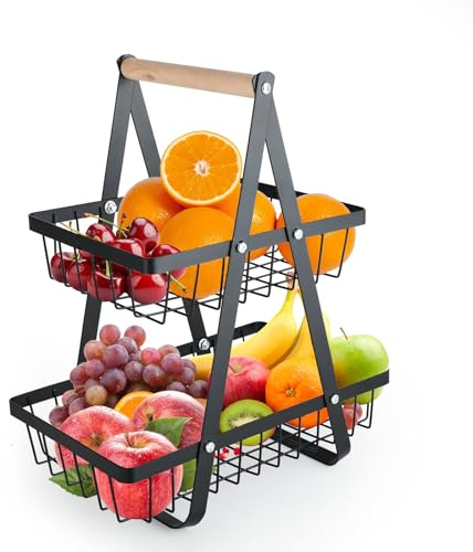 QinOustore Présentoir à fruits à 2 étages,Corbeille de Fruits avec Tournevis,Corbeille à fruits moderne,Porte Legume pour Fruits Légumes,Panier Rangement Cuisine Maison Bureau