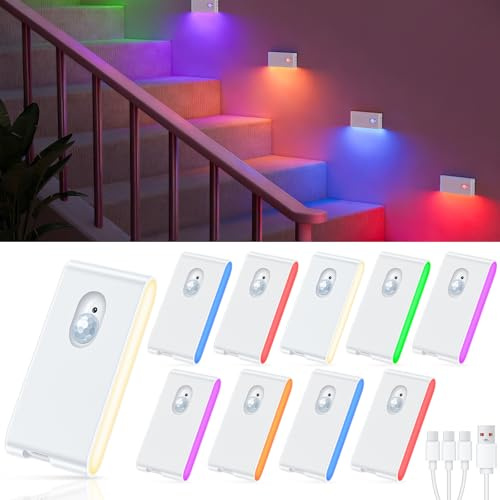 WILLED 10 Stück Treppenlicht mit Bewegungsmelder, LED Nachtlicht mit 2700K Warmweiß und 5 RGB Farben, Bewegungsmelder Innen für Treppe, Schlafzimmer, Flur, Küche, Badezimmer.