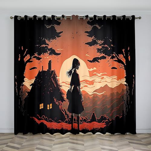 Girl Net Curtains for Windows Rural Blackout Curtains, 3D Printed Drape Insulated Curtains, 2 Pack with Hooks, Removable and Washable for Bedroom Living Room Kitchen Pavilion