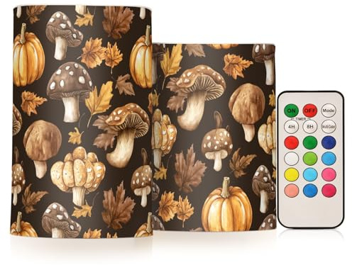 FRODOTGV Velas parpadeantes sin humo, 2 piezas con temporizador de 4 horas y 8 horas, funciona con pilas, decoración de patio, patrón de otoño marrón con calabazas y hongos