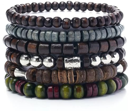 Yoljun Lot de 6 bracelets de perles en bois pour homme, bracelet élastique pour homme, bracelets gothiques, cadeaux pour hommes et femmes