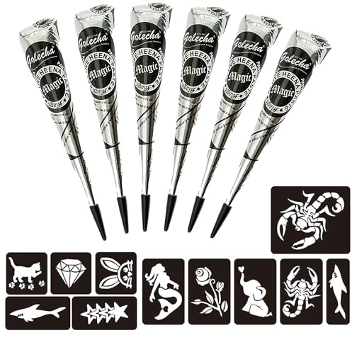 Naturic 6x Henna Tattoo Schwarz, Temporäre Tattoo + 11x Henna Tattoo Schablone, Temporäre Mehndi Tattoos, Natürliche Kegel, Tattoo sticker, Temporäre Tätowierung Schwarz