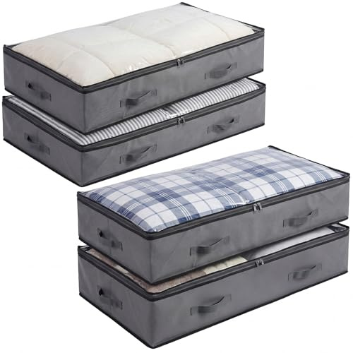 RLAVBL Underbed Storage Bag 120L, 4Pack Large Under Bed Storage Box with Lid, Wardrobe Storage Bags with Zip and Clear Window for Clothes, Comforters, Blankets, Duvet, Bedding, Grey, 100x67x18cm