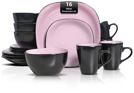HomeVSS Square Dinner Set, 16 Piece Stoneware Set for 4, Ceramic Plates and Bowls Set with Mug, Dishwasher & Microwave Safe, Chip and Scratch Resistant, Pink and Black