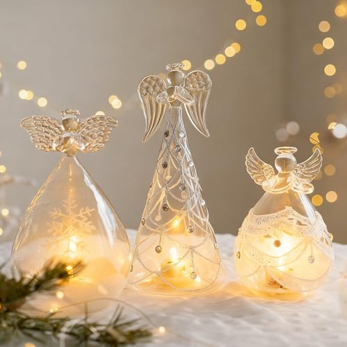 Weihnachtsengel mit LED Kerzen, Engel Figur mit Diamanten, Weihnachtsfiguren aus Glas für stimmungsvolle Weihnachtsdekoration innen (1 Set)