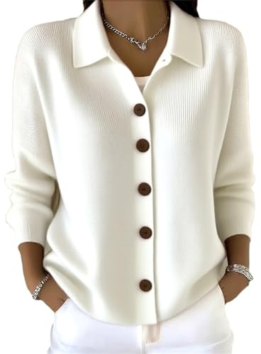 Maglione cardigan in misto lana per le donne maglione con colletto con bottoni in cashmere leggero e alla moda a maniche lunghe top in maglia, bianco, M