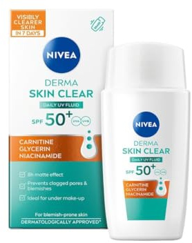 NIVEA Derma Skin Clear Daily UV Fluid SPF 50+ 40 ml – Écran solaire haute protection pour la peau huileuse et problématique avec niacinamide, finition mate et légère Daily Wear UV Defense