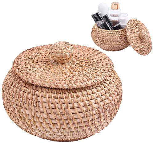 WADORN Caja de almacenamiento redonda de ratán con tapa, cesta de almacenamiento tejida a mano, cesta de mimbre natural multiusos pequeña cesta decorativa para picnic, estante de escritorio