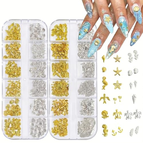 2 Cajas de Decoración de Uñas de Océano, Adornos de Conchas Marinas, Estrellas de Mar y Perlas para Nail Art, Accesorios de Manicura 3D para Uñas Acrílicas y de Gel, Diseño de Playa Verano
