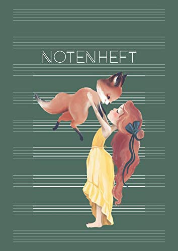 Notenheft: Schule & Unterricht & Hobby | DIN A4 Blanko Notensysteme mit Inhaltsverzeichnis | Musik Schreibheft | große Lineatur für Kinder & Anfänger - Motiv: Mädchen mit Fuchs